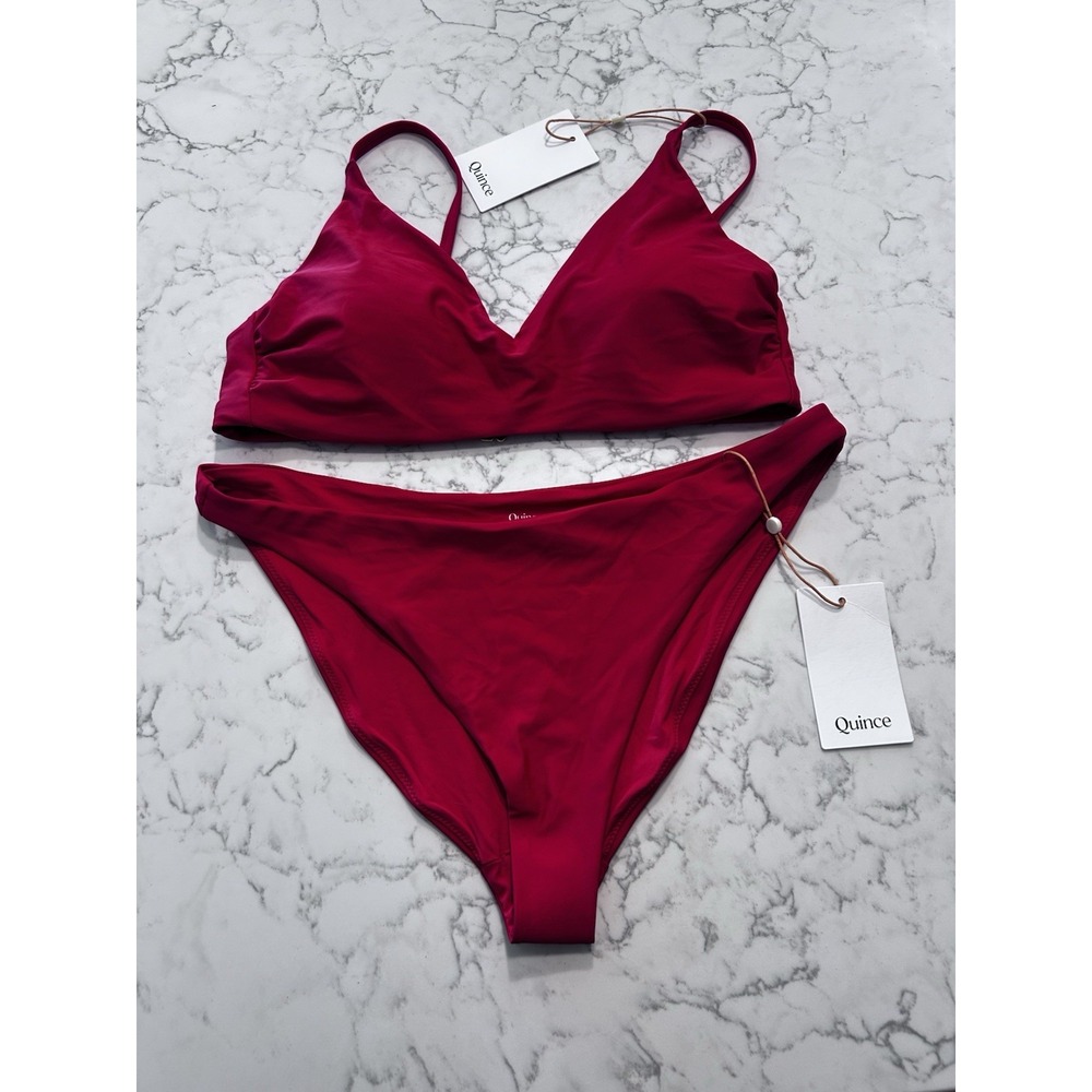 NWT Quince Cherry Red Italian V Neck Bikini Top & Low Rise Bottom Set Size Large